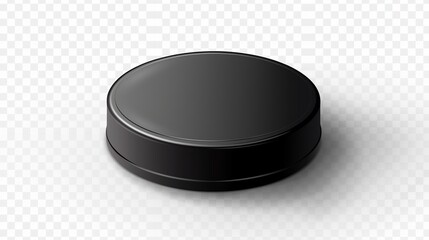 This image shows an isolated black hockey puck on a transparent background, featuring a smooth and glossy surface perfect for sports-related designs or advertisements.