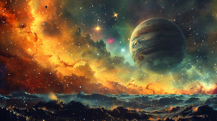  A solar planet depicted in a cosmic scene with bright stars and colorful nebulas