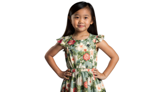 Young Girl in Floral Dress Posing With Hands on Hips Against Transparent Background