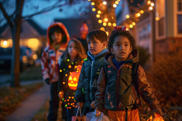 Obraz premium Children in Halloween Costumes Trick-or-Treating at Dusk