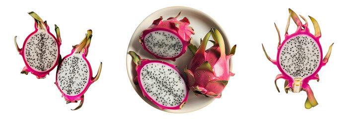 Set of dragon fruit isolated on transparent background. Pitahaya