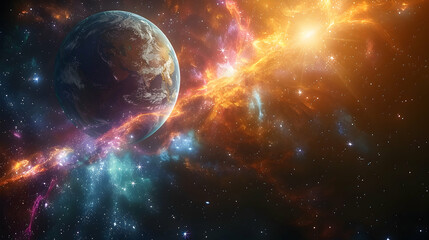  A solar planet depicted in a cosmic scene with bright stars and colorful nebulas