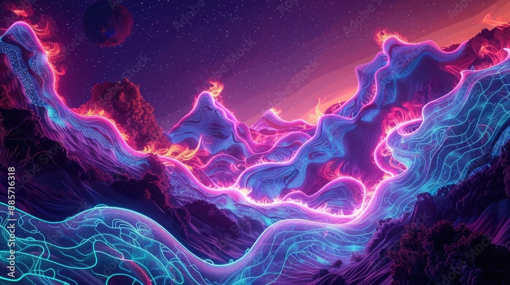 Wall mural an enchanting neon wave illustration with glowing, intertwining patterns that evoke the movement of 