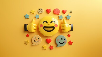 Smiley face surrounded by positive symbols, thumbs-up gestures, stars, and happy emoticons