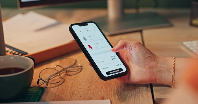 Online shopping, screen and woman with phone for shoes purchase on website, mobile app and internet store. Fast fashion, ecommerce and hands on smartphone for retail sale, payment and free shipping