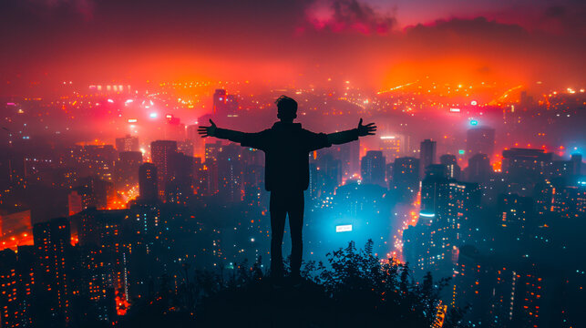 Man with stretched hands looking at night town with red fog