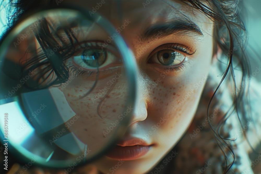 Wall mural close-up view of a person studying an object or detail with a magnifying glass, ideal for use in edu