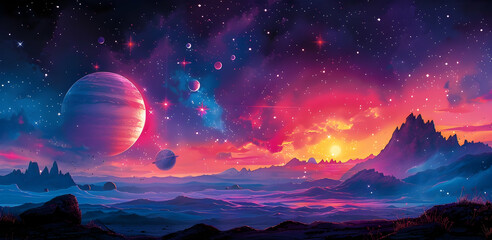 Fototapeta premium A solar planet in a vibrant cosmic scene with multiple moons and stars