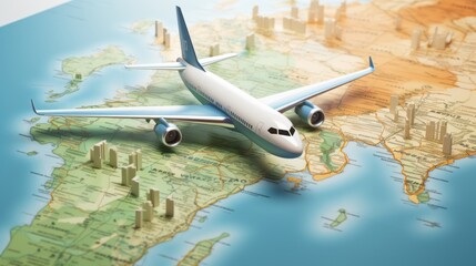 Obraz premium An airplane flying over a map with prominent landmarks, emphasizing global travel and adventure