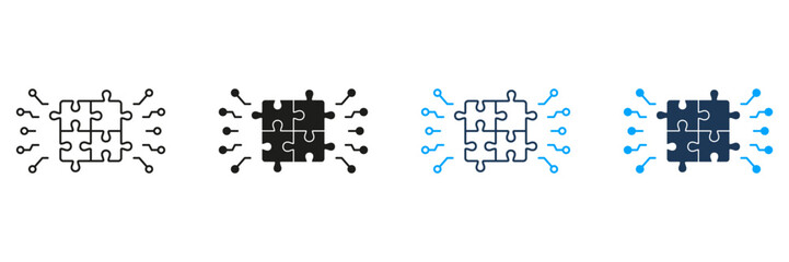 Digital Square Jigsaw Line and Silhouette Icon Set. Puzzle Challenge, Teamwork, Logic Game, Idea Sign. Combination Solution, Pieces Match Icon. Editable Stroke. Isolated Vector Illustration