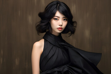 Naklejka premium beautiful Japanese female model in black dress, short hair