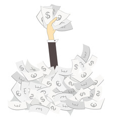 Obraz premium Success in business. Hand with paper currency. Gambling. Lottery. Hand with paper currency rising from the big pile of money. Business concept illustration 
