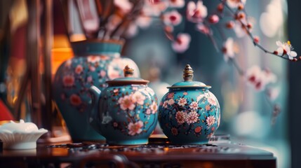 Fototapeta premium Traditional floral porcelain tea set with cherry blossoms