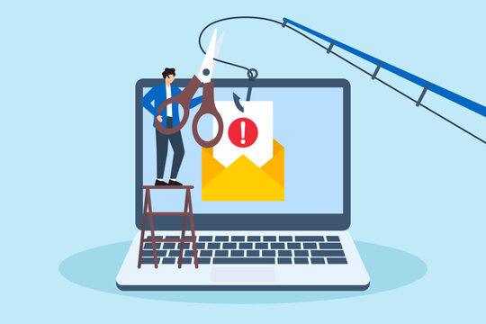 Flat illustration of man with scissors cuts phishing email on laptop screen cyber awareness and fraud protection