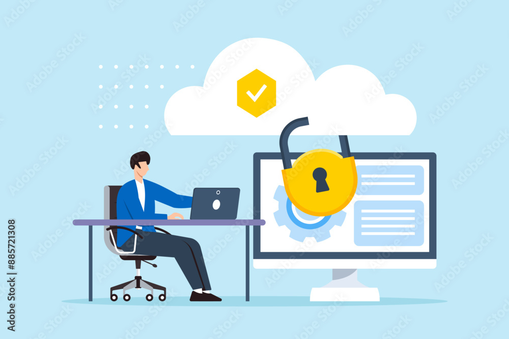 Poster flat illustration of man implementing cloud computing security protection and safeguarding remote da