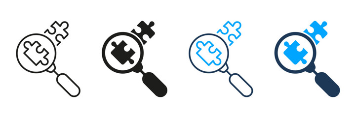 Magnifier and Puzzle Parts Line and Silhouette Icon Set. Magnifying Glass with Jigsaw Pieces Outline Sign. Problem Solving Pictogram. Editable Stroke. Isolated Vector Illustration