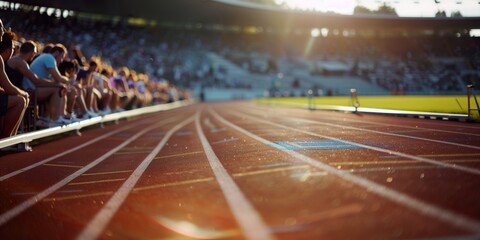 Sunlit track at the Paris Olympic Stadium during a summer athletics event