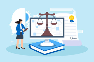 Flat illustration of woman ensuring compliance with regulations following security laws and legal adherence