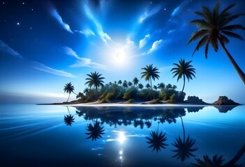 A tropical island with palm trees silhouetted against a large, glowing blue moon in a starry night sky, reflected in the calm ocean waters below
