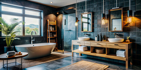 Modern bathroom with dark tiles and freestanding tub