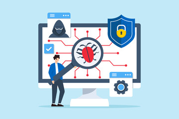 Flat illustration of man performing penetration testing ethical hacking and improving security
