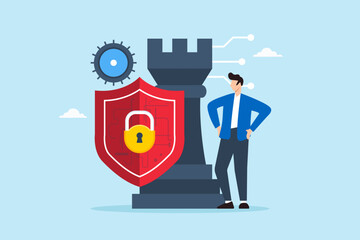 Flat illustration of man overseeing cybersecurity strategy with castle chess piece
