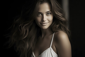 Naklejka premium close up portrait of a beautiful woman smiling and happy over dark background