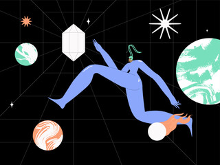 A woman is exploring space in VR glasses. A virtual researcher of cyberspace.