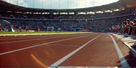 Wide-angle view of an Olympic running track in Paris stadium during the games, with spectators in the background