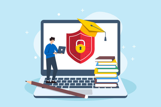 Flat illustration of man managing cybersecurity in education secure online learning and protecting student data