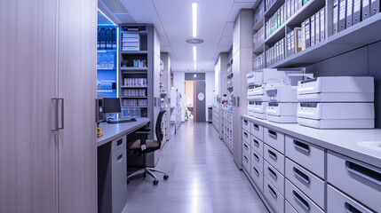 A futuristic medical records room with automated filing systems, highlighting secure and efficient document management.