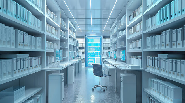 A futuristic medical records room with automated filing systems, highlighting secure and efficient document management.