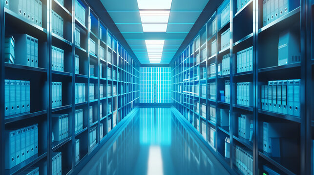 A futuristic medical records room with automated filing systems, highlighting secure and efficient document management.