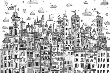 An enchanting black and white hand-drawn cityscape, brimming with playful and imaginative architectural details