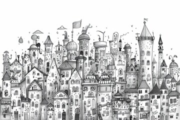Obraz premium Enchanting black and white cityscape doodle bursting with playful and imaginative designs