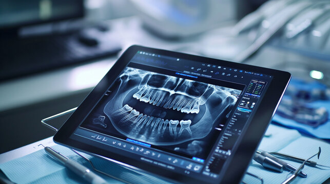 AI software on a tablet analyzing dental X-rays, showcasing its versatility and integration in various medical fields.