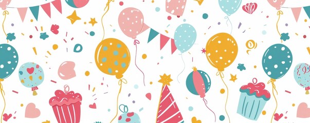 A colorful pattern of balloons and cupcakes with a party theme.