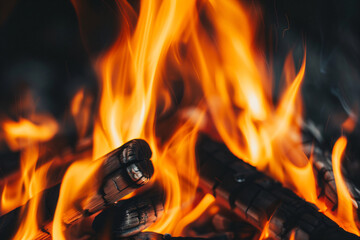 Bright flames and glowing embers of burning wood, showcasing the intense heat and energy, ideal for themes of warmth, danger, and combustion in various design uses