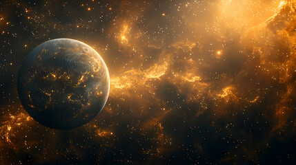 A solar planet surrounded by cosmic dust and twinkling stars