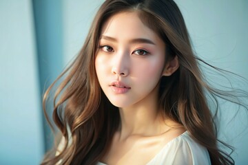 Naklejka premium A beautiful young Asian woman with long hair wearing a white top,generative ai