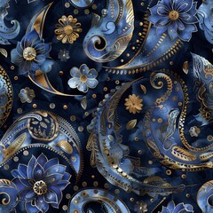 paisley pattern for cloth, intricate teardrop shapes with detailed decorations in shades of blue and gold
