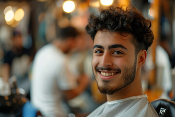 Obraz premium Arab man smiling with confidence in barber shop.