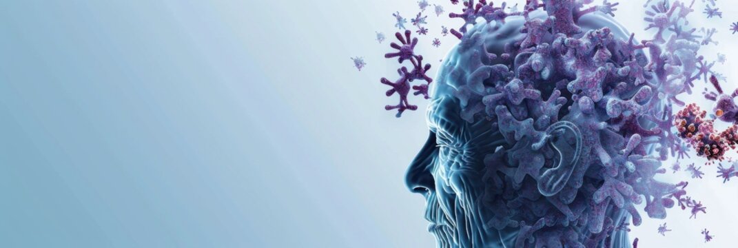 World Alzheimer's Month. Horizontal banner, free space for text. Portrait of an old man symbolizing brain dysfunction. Memory loss, disorientation, degenerative disorder. Taking care of mental health