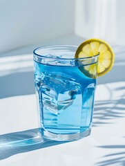 Blue Summer Drink on a light Background with Sunlight and Shadows