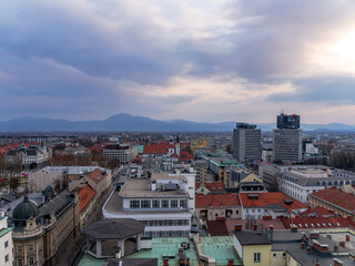 Landscape aerial view over the the city of Ljubljana during sunset