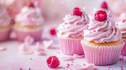 Pink cupcakes with raspberries and sprinkles on a festive table
