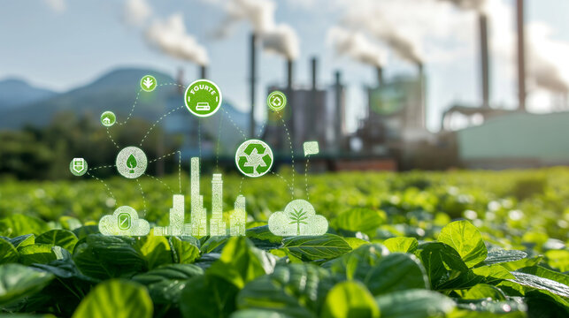 An industrial plant with a focus on green technologies, featuring icons of sustainability certifications and renewable energy sources.