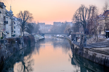 Ljubljanica river across Ljubljana with bridges and historic architecture