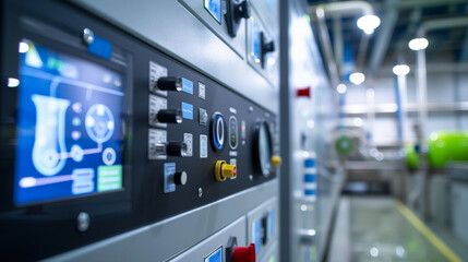 Fototapeta premium A digital control panel in a water treatment plant, highlighting icons of water testing equipment and the stages of purification.