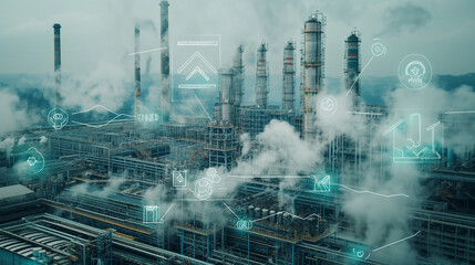 Naklejka premium A modern factory with digital overlays of icons highlighting emissions control measures, air quality monitoring stations, and environmental compliance documentation.